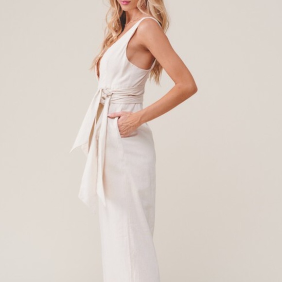 🆕Beige Linen Wide-leg Pants Jumpsuit Romper Deep V-neck & Attached Obi Belt Tan - Picture 5 of 6